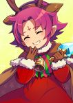  1girl antlers bell bow brown_gloves cape closed_eyes fa facial_mark fire_emblem fire_emblem:_fuuin_no_tsurugi fire_emblem_heroes forehead_mark fur_trim gloves grin highres kokouno_oyazi long_sleeves mamkute nintendo pointy_ears purple_hair reindeer_antlers short_hair simple_background smile solo upper_body yellow_background 