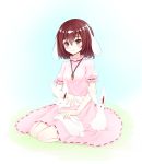  1girl animal animal_ears animal_on_lap blue_background blush brown_eyes brown_hair carrot_necklace closed_eyes dress floppy_ears full_body hair_between_eyes highres inaba_tewi petting pink_dress puffy_short_sleeves puffy_sleeves rabbit rabbit_ears ribbon-trimmed_dress shanghaidoll short_hair short_sleeves sitting smile solo touhou 