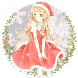  1girl blonde_hair braid creatures_(company) dress fur_trim game_freak green_eyes hat lillie_(pokemon) long_hair merry_christmas nintendo pokemon pokemon_(game) pokemon_sm pom_pom_(clothes) red_dress red_hat santa_costume santa_hat sleeveless sleeveless_dress snowflakes solo twin_braids twitter_username white_legwear yomogi_(black-elf) 