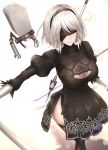  1girl bangs black_dress black_footwear black_legwear blindfold boots breasts cleavage closed_mouth commentary_request dress drone feather_trim hairband highres holding holding_weapon large_breasts lips long_sleeves mole mole_under_mouth nier_(series) nier_automata pod_(nier_automata) puffy_sleeves robot shiny shiny_clothes shiroshisu short_hair side_slit simple_background soul_calibur sword thigh-highs thigh_boots turtleneck weapon white_hair yorha_no._2_type_b 