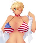  1girl ahoge american_flag_bikini bikini blonde_hair collar flag_print green_eyes highres licking_lips mito_ikumi omagu one_eye_closed shirt shokugeki_no_souma short_hair simple_background solo swimsuit tongue tongue_out white_background white_shirt 