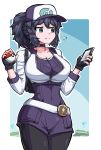  1girl al_bhed_eyes backpack bag bangs baseball_cap belt black_gloves black_hair black_legwear cellphone choker closed_mouth commentary_request cosplay covered_navel creatures_(company) crop_top cropped_jacket eyebrows_visible_through_hair female_protagonist_(pokemon_go) female_protagonist_(pokemon_go)_(cosplay) fingerless_gloves flying_sweatdrops game_freak gloves hair_between_eyes hands_up hat hex_maniac_(pokemon) high_ponytail highres hips holding holding_phone holding_poke_ball jacket long_hair long_sleeves looking_to_the_side nintendo pantyhose phone poke_ball poke_ball_(generic) pokemon pokemon_(game) pokemon_go pokemon_xy ponytail short_jumpsuit smartphone solo standing suzusiigasuki upper_body violet_eyes 