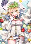  1girl absurdres ahoge apple blonde_hair braid breasts bridal_veil chains cleavage eating fate/extra fate/extra_ccc fate/grand_order fate_(series) food french_braid fruit full-length_zipper grapes green_eyes hair_intakes head_wreath highres kanola_u large_breasts lemon leotard lock looking_at_viewer lying nero_claudius_(bride)_(fate) nero_claudius_(fate) nero_claudius_(fate)_(all) on_back open_mouth padlock showgirl_skirt solo strapless strapless_leotard veil white_leotard white_sleeves zipper zipper_pull_tab 