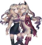  2girls azur_lane black_legwear black_ribbon blonde_hair breasts cleavage commentary_request frown hair_ribbon hairband highres ikunix02 kantai_collection large_breasts long_sleeves multiple_girls namesake nelson_(azur_lane) nelson_(kantai_collection) red_legwear ribbon thigh-highs twintails 