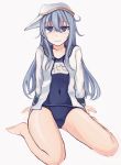  1girl barefoot blue_eyes blue_sailor_collar blue_swimsuit blush collarbone eyebrows_visible_through_hair flat_cap full_body hair_between_eyes hat hibiki_(kantai_collection) highres kantai_collection long_hair long_sleeves looking_at_viewer name_tag old_school_swimsuit one-piece_swimsuit open_clothes open_shirt peaked_cap remodel_(kantai_collection) sailor_collar school_swimsuit school_uniform senekio silver_hair simple_background sitting smile solo swimsuit swimsuit_under_clothes verniy_(kantai_collection) white_background white_hat 
