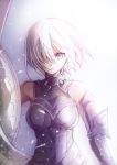  1girl armor breasts breasts_apart detached_sleeves fate/grand_order fate_(series) floating_hair grey_eyes hair_over_one_eye highres holding_shield large_breasts looking_at_viewer mash_kyrielight mintes parted_lips shield short_hair silver_hair sketch solo sweatdrop upper_body 