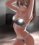  aqua_eyes blush bra breasts brown_hair eyebrows_visible_through_hair grey_bra grey_panties hair_between_eyes high_ponytail highres kantai_collection kumano_(kantai_collection) long_hair looking_at_viewer navel open_mouth panties ponytail small_breasts sunlight tama_(seiga46239239) underwear 