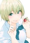  1girl ayumu-k black_eyes blonde_hair blue_neckwear blush food fruit hands_up highres holding holding_food holding_fruit ichigo_100_percent index_finger_raised looking_at_viewer neckerchief nishino_tsukasa plaid_neckwear school_uniform shirt short_hair simple_background smile solo strawberry unmoving_pattern upper_body white_background white_shirt 