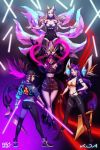  4girls ahri akali animal_ears blonde_hair bracelet braid choker claws closed_mouth collar double_bun dragon earrings evelynn facial_mark fox_ears fox_tail fur_trim glasses glowing hair_bun hat heart highres holding jewelry k/da_(league_of_legends) k/da_akali k/da_evelynn k/da_kai&#039;sa kai&#039;sa league_of_legends lipstick long_hair looking_at_viewer looking_back makeup manda_schank medium_hair multiple_girls necklace pants pink_hair ponytail purple_hair red_lipstick shoes signature skirt smile sneakers sweater tail thigh-highs tight tight_pants yellow_eyes 