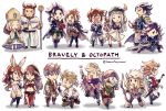 aerie_(bravely_default) agnes_oblige ahoge alfyn_(octopath_traveler) armor armored_dress blonde_hair blue_eyes boots bracelet braided_ponytail bravely_default_(series) brown_hair butterfly_wings chibi cloak cosplay costume_switch cyrus_(octopath_traveler) dancer dress edea_lee elbow_gloves fairy faulds fringe_trim gloves h&#039;aanit_(octopath_traveler) hat high_ponytail jewelry long_hair looking_at_viewer magnolia_arch multiple_boys multiple_girls necklace octopath_traveler olberic_eisenberg open_mouth ophilia_(octopath_traveler) ponytail primrose_azelhart ringabel satokivi short_hair simple_background smile therion_(octopath_traveler) thigh-highs thigh_boots tiz_oria tressa_(octopath_traveler) wings