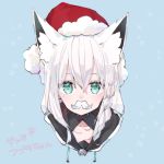  1girl animal_ears aoiro_0w0 blue_background blue_eyes braid collarbone commentary_request facial_hair fox_ears hair_between_eyes hat hololive looking_at_viewer mustache portrait santa_hat shirakami_fubuki side_braid silver_hair simple_background snowflakes solo translated virtual_youtuber 