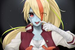  1girl bandage blonde_hair blue_skin earrings eyebrows_visible_through_hair eyes_visible_through_hair facial_scar finger_in_mouth green_hair hair_over_one_eye highres jacket jewelry letterman_jacket long_hair looking_at_viewer multicolored_hair nikaidou_saki open_mouth orange_hair ponytail red_eyes sarashi scar streaked_hair stud_earrings teeth to-ka-to-ka tongue tongue_out undone_necktie zombie zombie_land_saga 