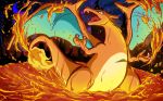  1other absurdres cameo charizard charmeleon charmeleon_(cameo) creatures_(company) dragon feet_out_of_frame fiery_tail fire flame flame_(specie) game_freak gen_1_pokemon highres lava molten_rock neartarc night night_sky nintendo olm_digital pokemon pokemon_(anime) pokemon_(creature) pokemon_(game) profile signature sky solo standing tail watermark web_address wings 