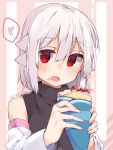  1girl adyisu altair_floone bangs bare_shoulders black_shirt blush commentary_request crepe detached_sleeves eyebrows_visible_through_hair fingernails food food_on_face hair_between_eyes heart holding holding_food long_sleeves looking_at_viewer open_mouth original red_eyes shirt silver_hair solo spoken_heart twitter_username upper_body white_sleeves 