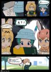  4girls akigumo_(kantai_collection) animal_ears black_bow blonde_hair blue_eyes blush bow bowtie brown_hair caracal_(kemono_friends) caracal_ears comic commentary_request eyebrows_visible_through_hair green_eyes green_sweater hair_bow hat hat_feather highres kantai_collection kemono_friends kyururu_(kemono_friends) long_hair misumi_(niku-kyu) multiple_girls serval_(kemono_friends) serval_ears short_hair sweater translation_request yellow_eyes 