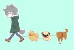  1boy animal animal_ears aqua_background coat denim dex_(vocaloid) dog fox_ears fox_tail fur_trim green_coat hands_in_pockets highres jam_kl jeans leash male_focus pants pomeranian_(dog) pug silver_hair simple_background solo tail vocaloid walking yellow_eyes 