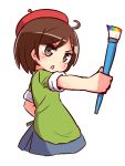  1girl :o adeleine bangs beret blue_skirt blush brown_eyes brown_hair cropped_torso eyebrows_visible_through_hair forehead green_shirt hat head_tilt holding holding_paintbrush kirby_(series) kirby_64 naga_u nintendo outstretched_arm paintbrush parted_bangs parted_lips pleated_skirt red_hat shirt short_hair short_sleeves simple_background skirt solo ueno-san_wa_bukiyou v-shaped_eyebrows white_background 