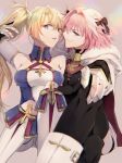  1boy 1girl astolfo_(fate) bangs black_bow black_ribbon blonde_hair blue_eyes boots bow bradamante_(fate/grand_order) breasts cloak closed_mouth commentary elbow_gloves fate/grand_order fate_(series) fur_trim gauntlets gloves hair_intakes hair_ribbon hand_in_hair hand_on_own_knee legs_crossed long_hair looking_at_viewer medium_breasts multicolored_hair open_mouth pink_hair ribbon shinsukeja signature smile streaked_hair twintails very_long_hair violet_eyes 