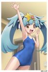  1girl :d arm_up bangs bare_arms bare_shoulders blue_hair blue_swimsuit blurry blurry_background brown_eyes commentary_request competition_school_swimsuit depth_of_field door eyebrows_visible_through_hair hand_up hoshikawa_lily indoors long_hair looking_at_viewer one-piece_swimsuit open_mouth rohitsuka round_teeth school_swimsuit smile solo star swimsuit teeth twintails upper_teeth very_long_hair zombie_land_saga 