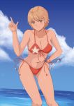  1girl alice_garnet_nakata bikini blonde_hair blue_sky blush breasts cleavage clouds collarbone day eyebrows_visible_through_hair front-tie_bikini front-tie_top green_eyes hand_on_hip index_finger_raised large_breasts looking_at_viewer navel outdoors popo_agaga red_bikini red_ribbon ribbon short_hair side-tie_bikini sky smile solo standing swimsuit the_king_of_fighters wet 