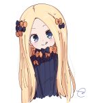  1girl :q abigail_williams_(fate/grand_order) bangs black_bow black_dress blonde_hair blue_eyes blush bow closed_mouth commentary_request cropped_torso dress fate/grand_order fate_(series) forehead hair_bow head_tilt kujou_karasuma long_hair long_sleeves no_hat no_headwear orange_bow parted_bangs simple_background sleeves_past_fingers sleeves_past_wrists smile solo tongue tongue_out very_long_hair white_background 
