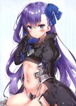  1girl :o absurdres armor armored_boots asymmetrical_bangs bangs blue_eyes blue_ribbon blush boots crotch_plate eyebrows_visible_through_hair fate/extra fate/extra_ccc fate_(series) flat_chest hair_ribbon hand_up highres juliet_sleeves long_hair long_sleeves looking_at_viewer meltlilith navel parted_lips puffy_long_sleeves puffy_sleeves purple_hair revealing_clothes ribbon riichu scan sitting solo stomach thighs v-shaped_eyebrows very_long_hair 