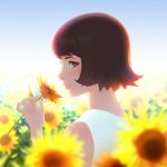  bangs blue_sky brown_eyes brown_hair closed_mouth day dress flower holding holding_flower ilya_kuvshinov looking_at_viewer original outdoors profile short_hair sky smile sunflower upper_body white_dress 