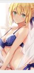  1girl artoria_pendragon_(all) blonde_hair blue_bra blue_ribbon blush bow bow_bra bra breasts fate_(series) from_side fukuda935 green_eyes groin hair_between_eyes letterboxed looking_at_viewer medium_breasts navel panties ribbon saber side-tie_panties smile solo striped striped_bra underwear underwear_only 