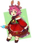  +_+ 1girl absurdres antlers bell boots bow brown_gloves cape dress fa fire_emblem fire_emblem:_fuuin_no_tsurugi fire_emblem_heroes full_body fur_trim gloves green_eyes highres lazymimium long_sleeves mamkute nintendo open_mouth pointy_ears purple_hair reindeer_antlers short_hair sleeves_past_wrists solo twitter_username 