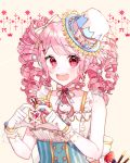  1girl :d alternate_hairstyle artist_name bang_dream! bangs blue_hat blueberry bow commentary_request corset drill_hair earrings food frilled_hat frills fruit hair_bow hair_ornament hat hat_bow hat_ornament heart heart_hands jewelry looking_at_viewer macaron maruyama_aya neck_ribbon open_mouth patzzi pink_eyes pink_hair pink_ribbon ribbon sleeveless smile solo strawberry striped striped_bow striped_neckwear tan_background top_hat upper_body wrist_cuffs 