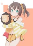  100ton250 1girl ahoge animal_pillow belly blue_eyes brown_hair collarbone hair_ornament highres holding_object hololive hug jacket looking_at_viewer natsuiro_matsuri navel scrunchie short_hair shorts side_ponytail simple_background solo virtual_youtuber 