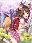  1girl :d animal_ear_fluff animal_ears artist_name backpack bag bangs blurry blurry_background blush brown_footwear brown_hair commentary_request day eyebrows_visible_through_hair fang fox_ears fox_tail frilled_legwear from_side highres long_hair no_pupils open_mouth original outdoors panties petals pink_sailor_collar pink_skirt pleated_skirt puffy_short_sleeves puffy_sleeves randoseru sailor_collar school_uniform serafuku shiny shiny_hair shirt shoes short_sleeves skirt skirt_lift smile socks solo standing standing_on_one_leg striped striped_panties tail tail_lift tree underwear usagihime violet_eyes white_legwear white_shirt 