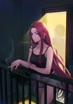  1girl apple_brk bare_shoulders black_tank_top blue_eyes breasts casual cigarette cleavage creatures_(company) door doorway earrings expressionless game_freak grey_shorts hair_down jewelry korean_commentary large_breasts leaning_on_rail long_hair musashi_(pokemon) night nintendo parted_lips pokemon pokemon_(anime) purple_hair railing short_shorts shorts sleeveless smoke smoking solo standing tank_top very_long_hair 