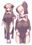  1girl bangs breasts brown_hair closed_mouth cross crucifix eyebrows_visible_through_hair habit highres horns hsuliherng large_breasts long_hair long_sleeves looking_at_viewer nun pink_eyes robe simple_background smile solo standing tail thigh-highs white_background 