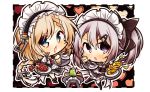  2girls 7:08 9a-91_(girls_frontline) apron bangs black_footwear blonde_hair blue_eyes blush braid butter chibi coffee coffee_cup cross-laced_clothes cup dinergate_(girls_frontline) disposable_cup drink eyebrows_visible_through_hair eyes_visible_through_hair food g36_(girls_frontline) girls_frontline hair_between_eyes heart highres long_hair looking_at_viewer maid maid_apron maid_headdress mug multiple_girls necktie open_mouth pancake pie ponytail red_neckwear sidelocks silver_hair thigh-highs tray very_long_hair white_legwear 