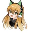  1girl animal_ears bangs black_jacket brown_hair cat_ear_headphones cat_ears character_name commentary_request crying crying_with_eyes_open dokomon eyebrows_visible_through_hair fang girls_frontline green_eyes hair_between_eyes head_tilt headphones highres jacket korean korean_commentary long_hair looking_at_viewer open_mouth simple_background solo tears tmp_(girls_frontline) translation_request wavy_mouth white_background 