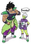  1boy 1girl absurdres alien belt biceps black_hair boots bracer breasts broly_(dragon_ball_super) cheelai clothes_pull dragon_ball dragon_ball_super dragon_ball_super_broly full_body gloves green_skin hand_on_hip highres muscle pants pelt purple_pants satousatotototo scar scouter short_hair shorts simple_background sleeveless smile spiky_hair standing white_background white_gloves 