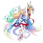  1girl angel_wings artist_request blonde_hair blue_dress blue_eyes detached_sleeves dragalia_lost dress flower full_body gradient_hair high_heels holding holding_weapon jeanne_d&#039;arc_(dragalia_lost) multicolored_hair nail_polish non-web_source official_art shoulder_armor tail thigh-highs weapon wings 
