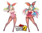 2girls animal_ears bangs blue_hair bracelet breasts bunny_girl bunnysuit candle detached_collar fire food jewelry leotard long_hair looking_at_viewer maplestory maplestory_2 medium_breasts multicolored_hair multiple_girls open_mouth pantyhose pink_eyes pink_hair rabbit_ears shoes short_hair simple_background skirt smile spiked_bracelet spikes striped vanilla_(maplestory2) vertical_stripes waitress white_background 
