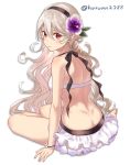  1girl ass barefoot bikini black_hairband butt_crack closed_mouth corrin_(fire_emblem) corrin_(fire_emblem)_(female) fire_emblem fire_emblem_fates fire_emblem_heroes flower from_behind hair_flower hair_ornament hairband haru_(nakajou-28) long_hair looking_back red_eyes simple_background sitting solo swimsuit twitter_username white_background white_hair 