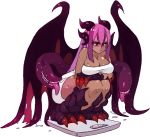  1girl bangs blush breasts claws cleavage closed_mouth commission dark_skin dragon_horns fewer_digits full_body head_fins heart horns jabberwock_(monster_girl_encyclopedia) large_breasts long_hair monster_girl_encyclopedia naked_towel pink_hair pout red_eyes rtil scale simple_background solo squatting sweatdrop tentacle towel weight_conscious white_background wings 