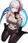  1girl :t admiral_graf_spee_(azur_lane) alternate_costume aran_sweater azur_lane badge bangs black_legwear black_skirt blue_eyes blush breasts button_badge cellphone choker commentary_request dot_nose eyebrows_visible_through_hair fish_tail highres holding holding_phone kinsenka_momi long_sleeves looking_at_viewer medium_breasts multicolored_hair no_shoes o-ring o-ring_choker pantyhose phone playing_with_own_hair pout redhead short_hair shoulder_cutout sidelocks signature silver_hair simple_background sitting skirt sleeves_past_wrists smartphone solo streaked_hair sweater tail wariza white_background white_sweater 