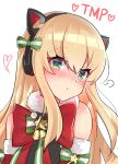  1girl :t animal_ears bangs bare_shoulders bell black_shirt blush bow cat_ear_headphones cat_ears character_name closed_mouth commentary detached_sleeves eyebrows_visible_through_hair fur-trimmed_sleeves fur_collar fur_trim girls_frontline green_bow green_eyes hair_between_eyes head_tilt headphones heart highres meow_nyang nose_blush pout shirt simple_background sleeveless sleeveless_shirt solo star striped striped_bow tmp_(girls_frontline) white_background 