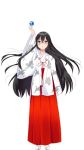  1girl arm_at_side arm_up black_hair copyright_request glasses hakama japanese_clothes long_hair miko misaki_(misaki86) official_art orb red_eyes standing tachi-e transparent_background very_long_hair white_legwear wide_sleeves 