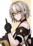 1girl black_gloves breasts girls_frontline gloves grey_hair holding j.k. looking_at_viewer middle_finger short_hair solo vector_(girls_frontline) yellow_eyes 
