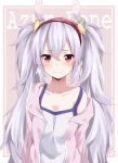 1girl animal_ears azur_lane bangs blush breasts brown_background camisole closed_mouth commentary_request copyright_name eyebrows_visible_through_hair hair_between_eyes hair_ornament hairband highres jacket kohakope laffey_(azur_lane) long_hair off_shoulder open_clothes open_jacket pink_jacket rabbit_ears red_eyes red_hairband silver_hair small_breasts solo twintails two-tone_background upper_body very_long_hair white_background white_camisole 
