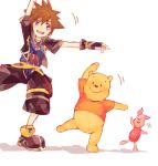  1boy 2others animal arms_up baggy_pants baggy_shorts bear blue_eyes blue_shirt brown_hair chains crown dancing disney eyebrows_visible_through_hair fingerless_gloves gloves grin height_difference jewelry kingdom_hearts kingdom_hearts_ii large_shoes leg_up looking_at_another looking_at_viewer motion_lines necklace outstretched_arm pants pig piglet_(winnie_the_pooh) pooh red_shirt shadow shirt shoes short_hair short_sleeves simple_background smile sora_(kingdom_hearts) spiky_hair square_enix standing standing_on_one_leg striped stuffed_animal stuffed_pig stuffed_toy sweatdrop teddy_bear winnie_the_pooh zipper 