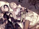  2girls armor bangs bare_shoulders bed_sheet black_flower black_legwear blonde_hair blue_eyes breasts chains cleavage cleavage_cutout closed_mouth elbow_gloves embarrassed fate/grand_order fate_(series) flower fur_trim gauntlets gloves grey_eyes hair_between_eyes hand_holding headpiece holding holding_flower jeanne_d&#039;arc_(alter)_(fate) jeanne_d&#039;arc_(fate) jeanne_d&#039;arc_(fate)_(all) large_breasts lily_(flower) long_hair looking_at_viewer lying metal_gloves multiple_girls multiple_persona navel on_back on_side parted_lips sidelocks skindentation smile tareme thigh-highs tsurime very_long_hair white_flower yukisame 