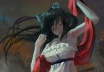  1girl armpits bare_shoulders black_hair bow breasts commentary_request dress hair_bow large_breasts long_hair noccu noihara_himari omamori_himari one_eye_closed open_mouth ponytail sleeveless sleeveless_dress solo very_long_hair violet_eyes white_dress 