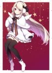  1girl bangs black_bow black_gloves black_legwear blush boots bow capelet closed_mouth dress earmuffs elu_(nijisanji) eyebrows_visible_through_hair full_body fur-trimmed_capelet fur-trimmed_sleeves fur_trim gloves light_brown_hair long_hair long_sleeves mini_wings nijisanji red_background red_bow red_eyes short_dress sleeves_past_wrists smile solo star striped striped_bow thigh-highs two-tone_background very_long_hair virtual_youtuber white_background white_capelet white_dress white_footwear white_wings wide_sleeves wings yamabukiiro 